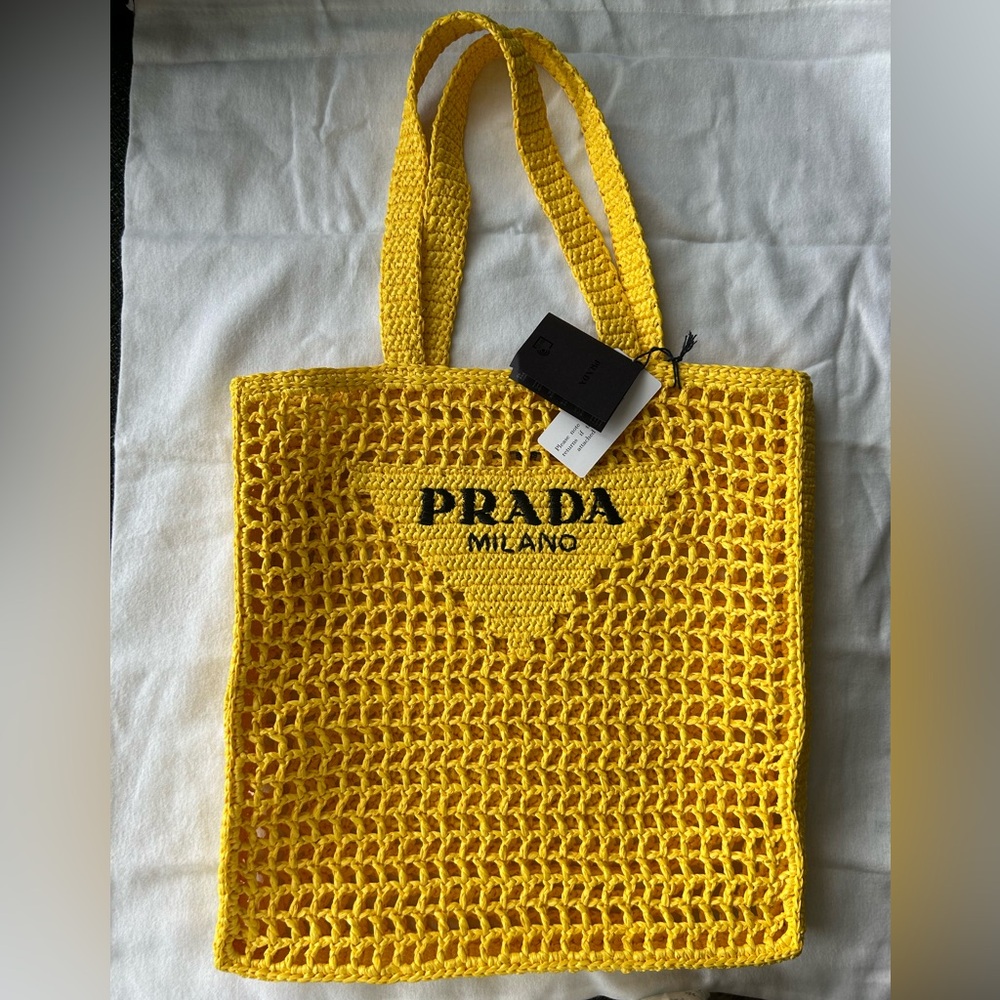 PRADA Crochet Raffia Large Tote Bag Yellow